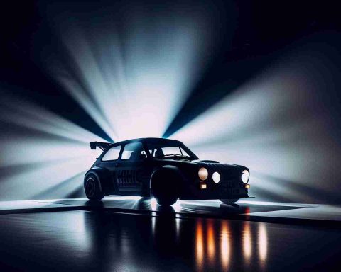 A photograph capturing a riveting moment of excitement for automobile enthusiasts. A legendary hot hatch car brilliantly shines under the spotlight, suggesting its imminent debut. Details should include the sleek lines of the car silhouette, the shimmering metallic finish, and the aura of anticipation surrounding the event. Please keep the scene vivid, filled with intensity and in high definition.