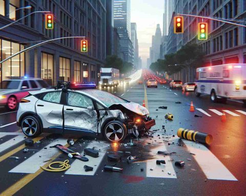 Hyperrealistic rendition of an unfortunate accident involving an autonomous electric car on a city street. The scene depicts skid marks on the road, crushed car parts, flashing emergency lights, and road signs, emphasizing the importance of safety while using autonomous driving technology.