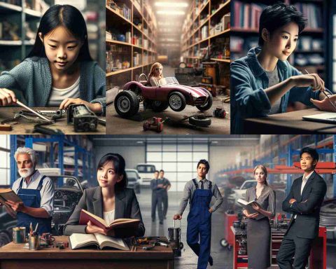 Generate a realistic HD image showcasing the journey of an automotive expert. It starts with a young East Asian girl working on a small, broken-down toy car in a garage. The middle section shows a teenage Caucasian female diligently studying automotive engineering books in a library. The final scene depicts a mature South Asian woman confidently leading a team of diverse mechanics in a large, state-of-the-art automotive workshop with various cars being serviced.