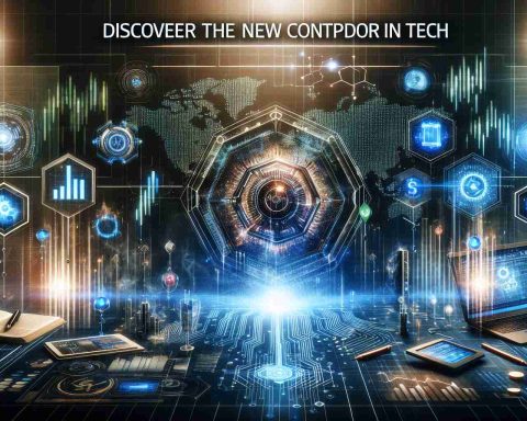 Create a realistic HD image depicting a technology-themed stock market scene. Include various elements like charts, statistics, futuristic technology symbols, and potential investment opportunities. Add a headline stating 'Discover the New Contender in Tech'. Reflect the excitement and anticipation around the future of technology investment.