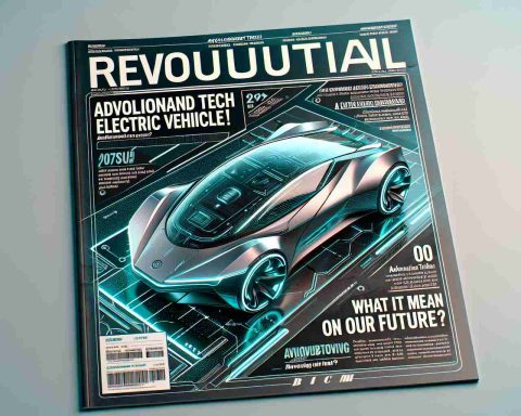 Generate an image depicting a magazine cover. The headlines should read, 'Revolutionary Tech Unveils ‘Advanced Electric Vehicle’! What Does It Mean for Our Future?' The magazine cover should have a futuristic and sleek design, showcasing an innovative electric car. Add visual elements indicating the revolution in technology, and the potential implications for sustainable future.