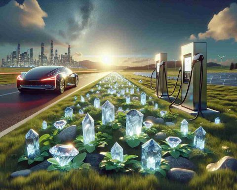 Visualize a photorealistic, high-definition image that encapsulates the concept of investing in the future of Electric Vehicles. Showcase a scene containing crystalline metaphoric symbols of hidden gems such as diamonds or rare minerals, representing untapped opportunities in the EV Market. It could be an expanse of land with gemstones sprouting from the ground, signifying the immense potential. A charging station could also be there in the backdrop, reinforcing the electric car context. Include natural elements like sunlit sky, grassland, etc., to denote a sustainable future.