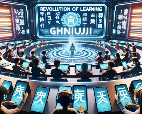 A high-definition, realistic image depicting the revolution of learning through Kanji games. The scene showcases a futuristic setting of Japanese language education. Students engaged in fun and interactive games on digital devices that are stylized with Kanji symbols. Imagery demonstrating the innovative and effective learning methods of the future, making the process of mastering the Japanese language more engaging and enjoyable.