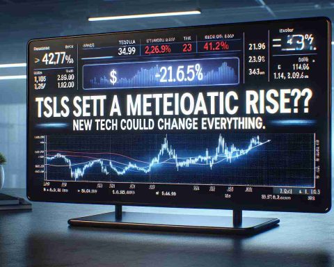 Realistic HD photo of the headline 'Is Tesla's Share Price Set for a Meteoric Rise? New Tech Could Change Everything.' displayed on a modern, sleek digital screen that is turned on. The screen is displaying financial charts and graphs in the background while the exciting headline is at the front in prominent, eye-catching typography.