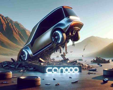 Create a realistic high-definition image symbolizing the downfall of a vehicle company named Canoo that was once believed to be a titan in the electric vehicle industry. The image should capture elements that hint at futuristic technology and its implications.