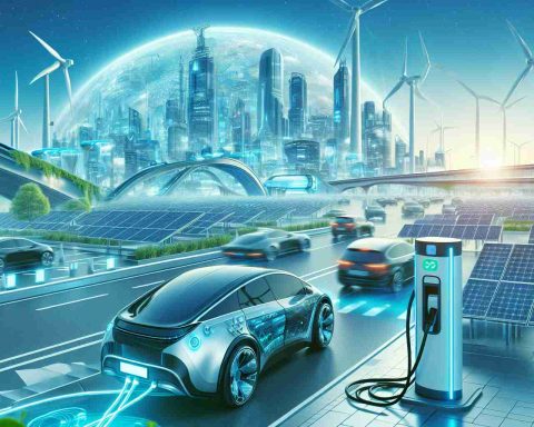 Generate a hyper-realistic, high-definition image that represents the concept of an 'Electric Vehicle Revolution', sponsored by a leading telecommunications company. This scene should convey a positive, futuristic vision of sustainable transportation. Display sentiments of innovation and progress with the inclusion of electric cars, charging stations, orderly traffic scenes and perhaps solar-powered roadways or futuristic cityscapes in the background. A blues and greens based color scheme could be utilized to emphasize the environmental aspect. Please do not include any company logos or trademarks.