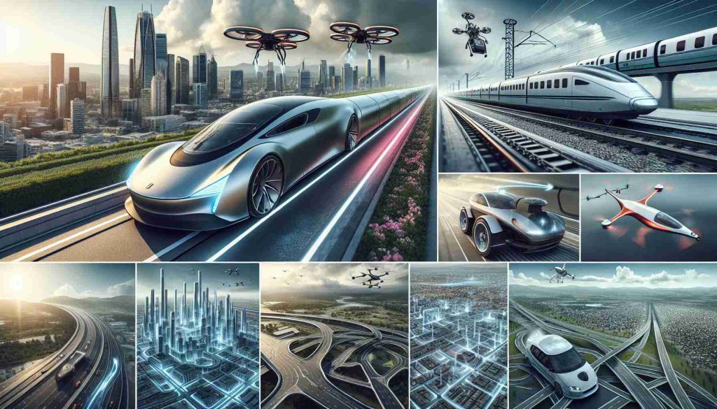 Imagine the latest advancements in transportation technology as an HD photo. This could include things like futuristic electric cars with advanced self-driving features, high-speed bullet trains designed with the sleek architecture of tomorrow, or cutting-edge drones for product delivery. Also, consider intelligent roadways embedded with sensors collecting real-time data to optimize traffic flow, or even the hint at possible urban skyports for air taxis with streamlined shaping. Each element should look realistic, hinting at the shocking nature of these developments.