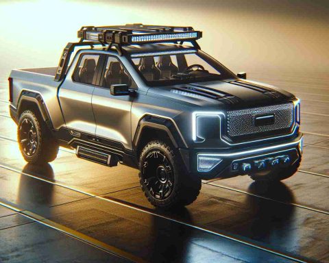 Create a high-resolution, realistic photograph showcasing the futuristic concept of adventuring. Focus on the never-before-seen features and perks of a new, nondescript modern all-electric pickup truck, that resembles the style and functionality of high-tech vehicles on the market today without specifically mentioning or modeling after any particular brand or model.