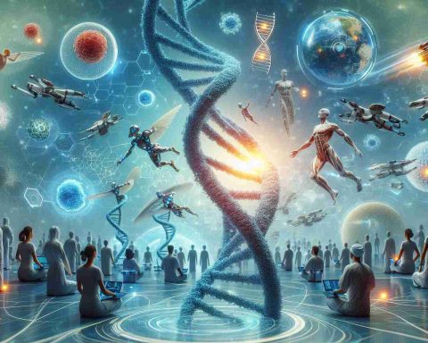 Generate a hyperrealistic, high-definition image that represents the giant leap in biotechnology, focusing on the future of health. The image could convey concepts of groundbreaking medical research, cutting-edge medical technologies, DNA and gene editing, advanced medicines, or futuristic healthcare systems. Use visuals that depict the symbiosis of biology and technology, such as a DNA strand intertwined with digital elements or robots assisting in surgeries. Also illustrate the impact these advances could have on humanity, perhaps by showing healthy, diverse people of all ages and races thriving thanks to these medical breakthroughs.