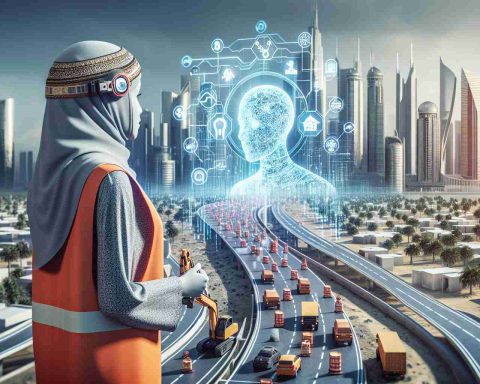 Create a realistic high-definition image encapsulating the concept of advanced artificial intelligence technology revolutionizing urban development. The scene should depict an anonymous pioneer figure, of Middle-Eastern descent and female gender, working on transforming city roads. The setting should illustrate a modern city infrastructure being made smarter and more efficient, possibly by implementing traffic control systems, self-driving car-supporting elements, or digitalized road maintenance.