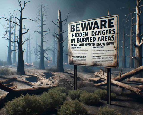 A realistic high-definition image illustrating the concept of hidden dangers in burned areas. The scene should depict a post-fire landscape with charred trees and smoky atmosphere. In the foreground, there could be identifiable hazards such as falling branches, hidden pits, or unstable ground. The mood should be cautionary. In the image, overlay the informative text stating 'Beware of Hidden Dangers in Burned Areas! What You Need to Know Now', as a friendly reminder or warning to viewers of potential risks in such areas.