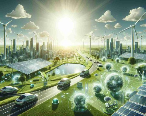 A detailed, high-definition image showcasing a futuristic landscape with advanced eco-technology. It should depict innovative sustainable technologies like solar panels, wind turbines, and electric vehicles that represent the revolution happening in sustainability. Bright sunlight should illuminate the scene, emphasizing the clean, green environment. Use light shading to give it a realistic look.