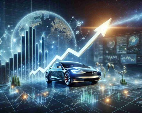 A hyper-realistic image representing the concept of Tesla stock skyrocketing. Display a futuristic graph with an upwards curve indicating projected profits and new gains. Embed the concept of advanced technology and innovation within the image, through abstract representations including alternative energy sources, electric cars, and cutting-edge technology. The scene should capture the hopeful and progressive essence driving the stock's potential rise.