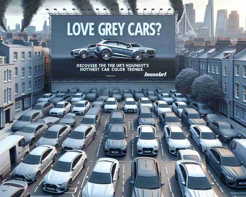 Create a realistic HD image displaying an array of grey cars, highlighting the recent trend in the United Kingdom for this color preference. Include the text: 'Love Grey Cars? You’re Not Alone! Discover the UK’s Hottest Car Color Trends' in the sky above the scene. Ensure the cars are of various models to exhibit the wide range of options available.