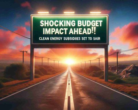 Realistic high-definition image of a metaphorical representation showing 'Shocking Budget Impact Ahead! Clean Energy Subsidies Set to Soar'. This includes a visual of a roadway leading into the horizon with a bold, bright road sign, showcasing the aforementioned text, indicating the upcoming budget influx. The background is a vibrant sunrise symbolizing the future of clean energy. Include details such as lines on the roadway, textures of the road sign, and subtle shifts in the sunrise hues for added realism.