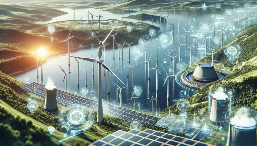 A high-definition, realistic image showcasing a futuristic view of sustainable energy solution. Depict a scene where renewable energy sources such as wind, solar and hydroelectric power are being harnessed efficiently. Include innovative technologies, with powerful turbines, sleek solar panels and advanced hydroelectric facilities, all contributing to a clean and green energy future.