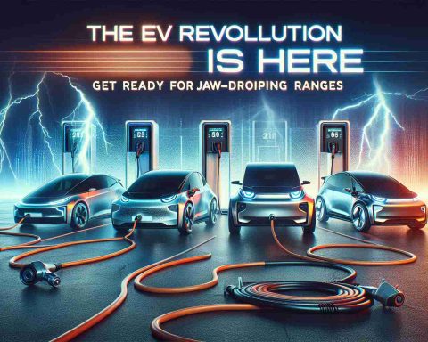 Create a high-definition, realistic image consisting of futuristic visuals representing the electric vehicle revolution. Include a variety of electric cars with power cords plugged into charging stations. Image should illustrate remarkable ranges these vehicles can achieve. Incorporate an electrifying, dynamic background to convey the massive impact of this revolution. Also, overlay the text: 'The EV Revolution Is Here! Get Ready for Jaw-Dropping Ranges' in a bold, impactful font on the image.