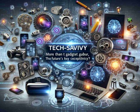 Generate a realistic HD image prominently featuring a conceptual montage representing 'Tech-Savvy: More Than Just Gadget Guru. The Future's Key Competency?' The montage should showcase an array of modern electronic gadgets such as smartphones, laptops, tablets, smart watches, and VR headsets. Additionally, integrate symbols of intelligence and future competencies, like glowing neural networks, gears, holographic interfaces, and complex data patterns. The composition should be dynamic and futuristically styled.