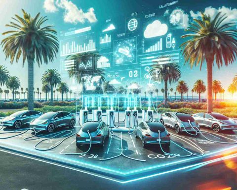 Generate a realistic, high-definition image representing the concept of electric cars in California. Include a view of various electric cars charging in a parking lot, with palm trees in the background. Add a bright, sunny sky to evoke the atmosphere of California. On the foreground, place a large holographic screen displaying infographics and statistics about electric cars, their usage and impact on the environment to represent the truth aspect.