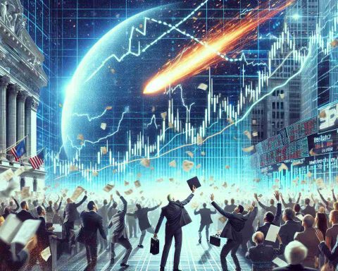 Generate a realistic, high-definition image representing the concept of 'Resla's Meteoric Rise: Disruptive Technology or Market Hype?'. Show distinct visuals that depict the rapid rise of a hypothetical technology company named 'Resla', symbolizing it with a meteor shooting up into the sky. Alternatively, illustrate market hype with an exaggerated crowd in a stock exchange scene, ecstatically waving papers, with the 'Resla' sign prominently displayed in the background.