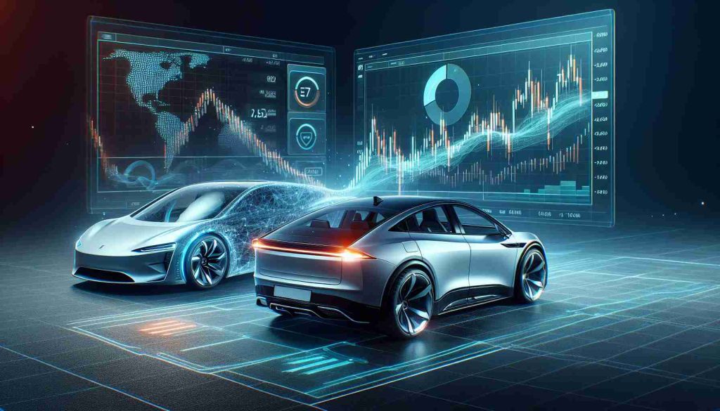 A realistic high-definition image showcasing a transformative moment in finance, symbolized by a generic cutting-edge electric automobile company and a ground-breaking stock trading app, making audacious steps. The scene could include digital representations such as graphs and charts indicating market flux, alongside a sleek modern electric car and an interactive graphic of a mobile trading application.