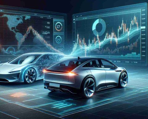 A realistic high-definition image showcasing a transformative moment in finance, symbolized by a generic cutting-edge electric automobile company and a ground-breaking stock trading app, making audacious steps. The scene could include digital representations such as graphs and charts indicating market flux, alongside a sleek modern electric car and an interactive graphic of a mobile trading application.