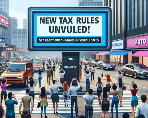 Depict an HD image that conveys the announcement of new tax rules. Visualize a large, detailed and realistic signboard saying 'New Tax Rules Unveiled! Get Ready for Changes in Vehicle Sales'. The signboard should be prominently displayed in a bustling city street with diverse, gender-balanced pedestrians of different descents -- Hispanic, Caucasian, Black, and South Asian, all reading, reacting or discussing the news. Some people can be seen taking pictures of the signboard with their smartphones. In the background, put auto shops and vehicle showrooms, with a variety of cars for sale.