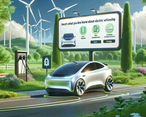 An image illustrating the possibility of savings by switching to electric vehicles. It features a shiny, futuristic-looking electric car (not branded or specific) parked in a lush green sustainable environment with wind turbines in the background. Also included is a billboard or sign with 'Here's What You Need to Know About Electric Vehicle Ownership'. The art style leans towards realism, with attention to details to give it a high-definition feel.