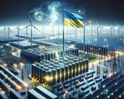 An ultra-high-definition realistic image displaying a visual interpretation of Ukraine's energy revolution. Show a clear emphasis on new energy storage projects, perhaps with modern, large-scale battery installations, innovative storage technologies, arrays of wind and solar farms in the background. Add dynamic elements to hint at the revolutionary changes, like lightning bolts or energy waves. Do not include identifiable personnel or logos.