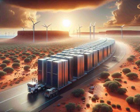 Realistic high-definition image of an energy revolution symbolized by large energy storage packs arriving at a location. The picture represents a large-scale transition towards renewable energy with these modern storage units seen in the forefront. The background features the landscapes characteristic of Australia, capturing the essence of the wild outback or coastal areas as preferred.