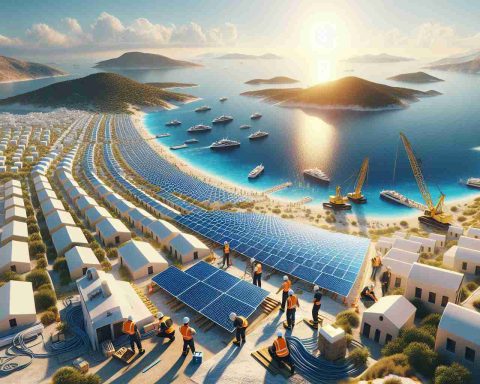 A realistic, high-definition visual of Greece championing a revolutionary new project in the field of renewable energy. The image should depict a bright, sunny day with photovoltaic solar panels stretching to the horizon against a backdrop of Greece's iconic landscapes - its beautiful azure coastlines, sun-kissed sandy beaches, and white-washed houses. Engineers of varying descents including Caucasian, Hispanic, and Middle-Eastern, both male and female, are seen busily setting up the infrastructure, marking the dawn of a new era in energy production.