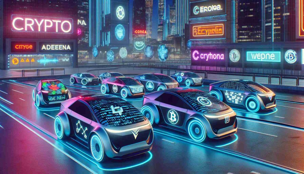 Generate a realistically rendered high-definition image of a futuristic ride service titled 'Crypto Arena', where the vehicles are designed with elements and motifs associated with cryptocurrencies and blockchain technology. Show a variety of autonomous electric cars, charged and ready for use. Each car should embody a different aspect of blockchain tech, from coding languages to crypto logos. The setting could be an ultra-modern cityscape backdrop, with tech-infused buildings and neon lights glowing.