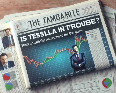 Render a realistic HD photo of a newspaper headline that reads 'Is Tesla in Trouble? Stock Analysts Sound the Alarm', along with an accompanying newspaper article. Also include in the image a declining stock chart signifying troubles for a generic electric car company.