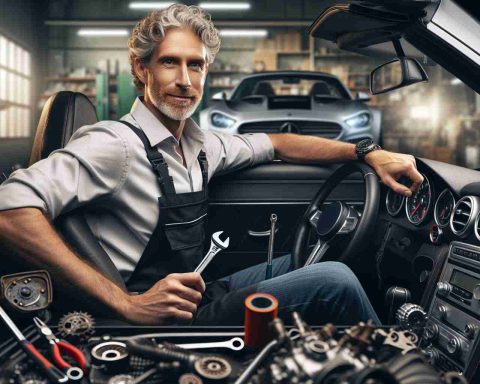 High definition realistic image of an experienced auto mechanic with a Caucasian descent, sitting confidently behind the wheel of a high-performance car, tools in hand, demonstrating his wizardry in automotive repair and modifications. The settings depict a well-equipped automobile workshop with various car parts and a blurred car in the background.