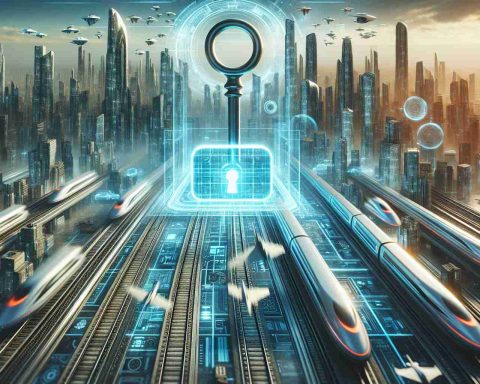 A high-definition, realistic image capturing the concept of 'Unlocking the Future of Transportation'. Show a futuristic scene with revolutionary transportation modes - sleek, ultra-fast trains zipping through angular, hi-tech cityscapes or hovering vehicles silently gliding over towering skyscrapers. Incorporate symbolic elements indicating innovation, like a large key unlocking a holographic grid shaped like a car or a train. Give a sense of 'New Release' through bright, exciting colours, indicating hope and anticipation for a better and more efficient future of transportation.