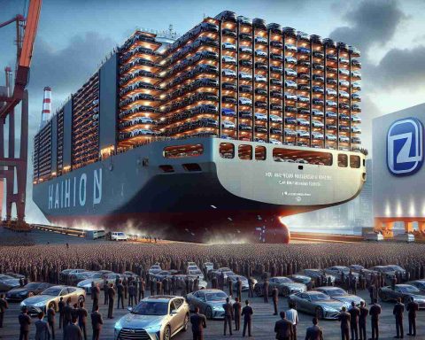 A realistic HD image showcasing the launch of a massive car carrier, claimed to be the world's biggest. The event is quite lively with crowds of people gathered around the huge vehicle transporter, all eagerly awaiting its debut. The carrier, impressive in its design and size, dominates the scene with countless cars stacked on its decks. The surrounding atmosphere is buzzing with excitement, while the carrier itself is sparkling, a clear evidence of its newness. In the background, the logo of an anonymous car manufacturing company is featured prominently. Note: The company name and the car carrier should not be identifiable as actual existing entities.