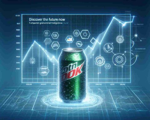 A realistic, high-definition image depicting a conceptual representation of the future of the stock market. The design features a graph with trend lines, signifying potential stock growth, and associated symbols. Something refreshing is added to the scene to symbolize the beverage industry, hinting at a famous soft drink company but without showing any copyrighted logos or recognizable brands. This concept of progressive change and optimism about the future of the industry is represented by computer-generated intelligence (AI) innovation images. The image conveys the message 'Discover the Future Now' prominently displayed.