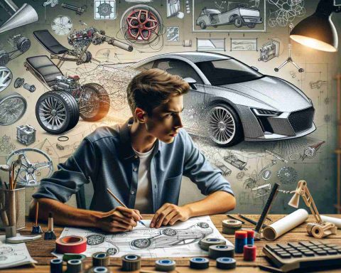 Create a detailed, high-definition image of a young car enthusiast who is making a significant impact in the automobile industry. The scene should capture his journey, showcasing elements like a myriad of automotive parts, sketches of car designs, and a garage set-up complete with tools and prototypes. The young man should be depicted as Caucasian, in his late teens, engrossed in his work with a passion that is visible on his face.