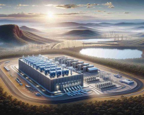 Photorealistic depiction of a monumental breakthrough in energy storage technology. Visualize a large, state-of-the-art facility housing cutting-edge equipment and machinery against the backdrop of the vast Australian landscape. Convey the transformative potential of this innovation for Australia, with the facility electrically connected to major cities demonstrating a promising future.