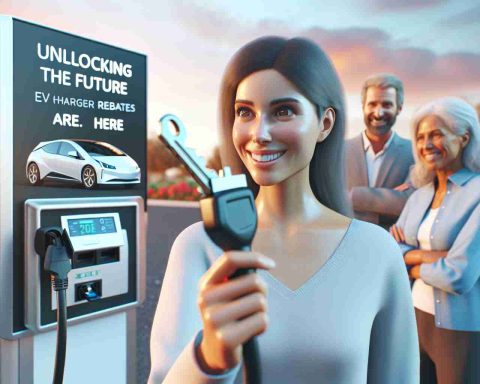 Generate a realistic HD photo depicting the concept of 'Unlocking the Future: EV Charger Rebates Are Here'. Visualize an electric vehicle plugged into a charging station with a key inserted into it, acting as the symbol of unlocking. Show a sign nearby that states 'EV Charger Rebates Are Here' with happy customers, a Caucasian woman and a Middle-Eastern man, in the background gazing at it.