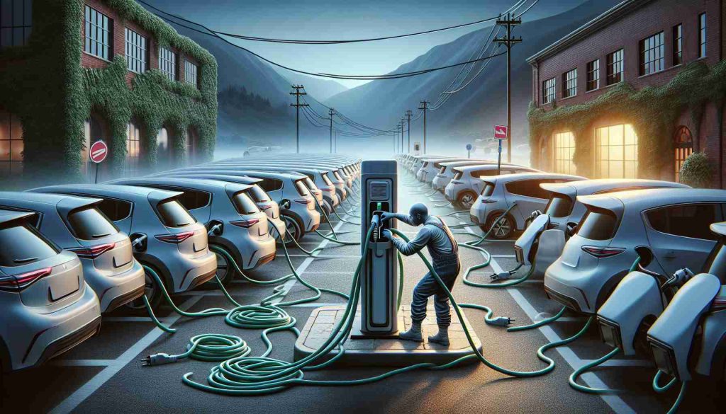 Create a highly detailed and realistic image that depicts the situation of electric vehicle owners facing hidden challenges while trying to charge their vehicles. It could depict a scene at a charging station, showing a line of electric vehicles, or some visual representation of the difficulty such as a tangled charging cable or a malfunctioning charging station. The scene should invoke the struggles associated with electric vehicle charging.