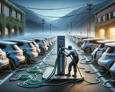 Create a highly detailed and realistic image that depicts the situation of electric vehicle owners facing hidden challenges while trying to charge their vehicles. It could depict a scene at a charging station, showing a line of electric vehicles, or some visual representation of the difficulty such as a tangled charging cable or a malfunctioning charging station. The scene should invoke the struggles associated with electric vehicle charging.