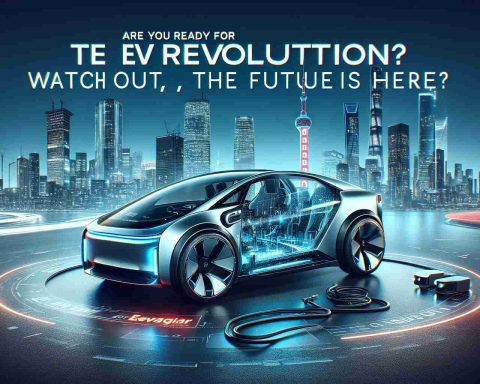 A realistic high-definition image featuring the concept of an 'Electrical Vehicle Revolution'. This scene includes a futuristic-looking, generic electric car that could represent the cutting edge of technology in the automotive industry. It should be reminiscent of the vibe surrounding major tech companies that have ventured into the automotive sector. The background should feature a city skyline, symbolizing the rapidly changing urban landscapes due to this revolution. The phrase 'Are You Ready for the EV Revolution? Watch Out, the Future is Here' is boldly visible. Note: regardless of the composition of the image, none of the elements should directly or indirectly symbolize or reference any particular brand, such as Xiaomi.