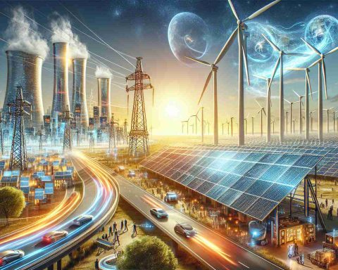 Create a detailed and realistic high-definition image that illustrates a revolution in renewable energy technology. The image should depict large solar panels under a bright sunny sky, wind turbines rotating steadily against a backdrop of a clear blue sky, and power lines transmitting electricity to a nearby city. The city should have futuristic-looking buildings, glowing with energy efficient lights. Electric vehicles should be seen on the roads. People of various descents and genders should appear in the image, indicating a diverse and inclusive technological revolution. This is a symbolic representation of a game-changing advancement in the field of renewable energy.