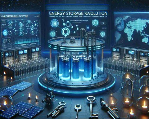 Create a realistic high-definition image that represents the future of energy storage technologies. The primary focus is on hydrogen energy storage revolution. Please depict a futuristic, advanced lab setting where innovative technologies are being used to convert, store and use hydrogen as a form of sustainable energy. Alongside, incorporate an element to signify the 'unlocking' of these future possibilities such as keys, padlocks or codes.