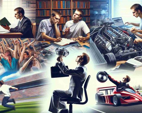 A high definition, realistic image of an enthusiastic car lover, immersing themselves in their passion. The individual is shown in various stages of their journey, from researching about cars at a library, tinkering with a motor in their garage, attending a car show, to finally racing on a track. The person holds no prominence or fame, but their enthusiasm and dedication to cars make them a rising star within the community.