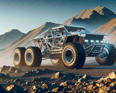 With a realistic and high-definition rendering, create an image showcasing a uniquely designed, futuristic and robust off-road vehicle, equipped with advanced AI functionalities to master varying terrains. It should have a polygonal design similar to late 20th-century video game graphics, featuring bright LED headlights and a stainless steel body construction. The scenery should comprise a rough off-road excursion, perhaps on a mountain with rocky terrains or a sandy desert, demonstrating the vehicle's terrain-adapting prowess.