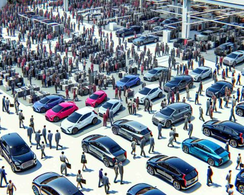 Generate a high-definition realistic image that represents the scene of a car sales surge. Show a bustling car dealership, with a multitude of people of diverse gender and descent examining various automobile models. Among the flurry of activity, create a distinct separation between electric cars and traditional combustion vehicles. The electric car section should look noticeably less busy, perhaps with fewer interested customers, signifying a decline in the electric vehicle market.