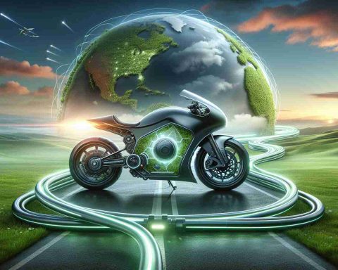 Create a High Definition, realistic image displaying the concept of Eco Moto Revolution. The scene should present a next-generation, environmentally-friendly motorcycle, ideally showing innovative technologies. The bike itself is elegantly designed but functional with a clearly visible electric motor and futuristic design elements. Underneath, there's a healthy green landscape displayed to illustrate sustainability, and a sky with a soft sunset indicating forward-looking optimism. Curving around the image is a trail of light, perhaps signifying the path of the bike, that's winding its way forward into the future.