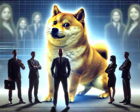 A realistic, high-definition illustration of a prominent tech entrepreneur's new venture, in which they embrace the concept of Dogecoin. The scene could display some symbolic representation of the entrepreneur, such as a silhouette or an anonymous figure associated with technology and innovation, standing next to a large, playful Shiba Inu dog (representing Dogecoin). Also, depict a group of calm and composed investors in the backdrop, signalling their unflappable confidence in this venture.